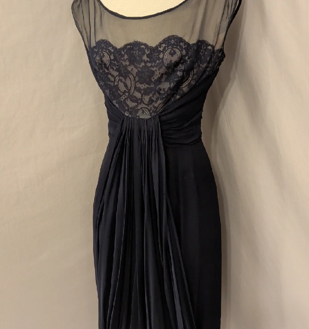 40s 50s Elegant Navy Sheer Lace Yoke Chiffon Drapef Bubble Hem Cocktail Dress - Picture 2 of 16